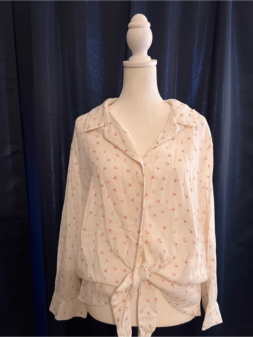 LC Lauren Conrad XXL Heart Print Tie Front Rayon Blouse Long Sleeve Ivory Pink